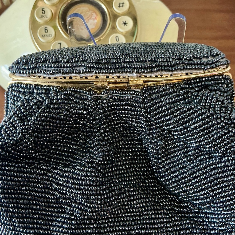 Vintage Nina Ricci Paris Pewter Beaded Evening Bag Gold-Tone Metal Clasp Frame - Picture 10 of 13